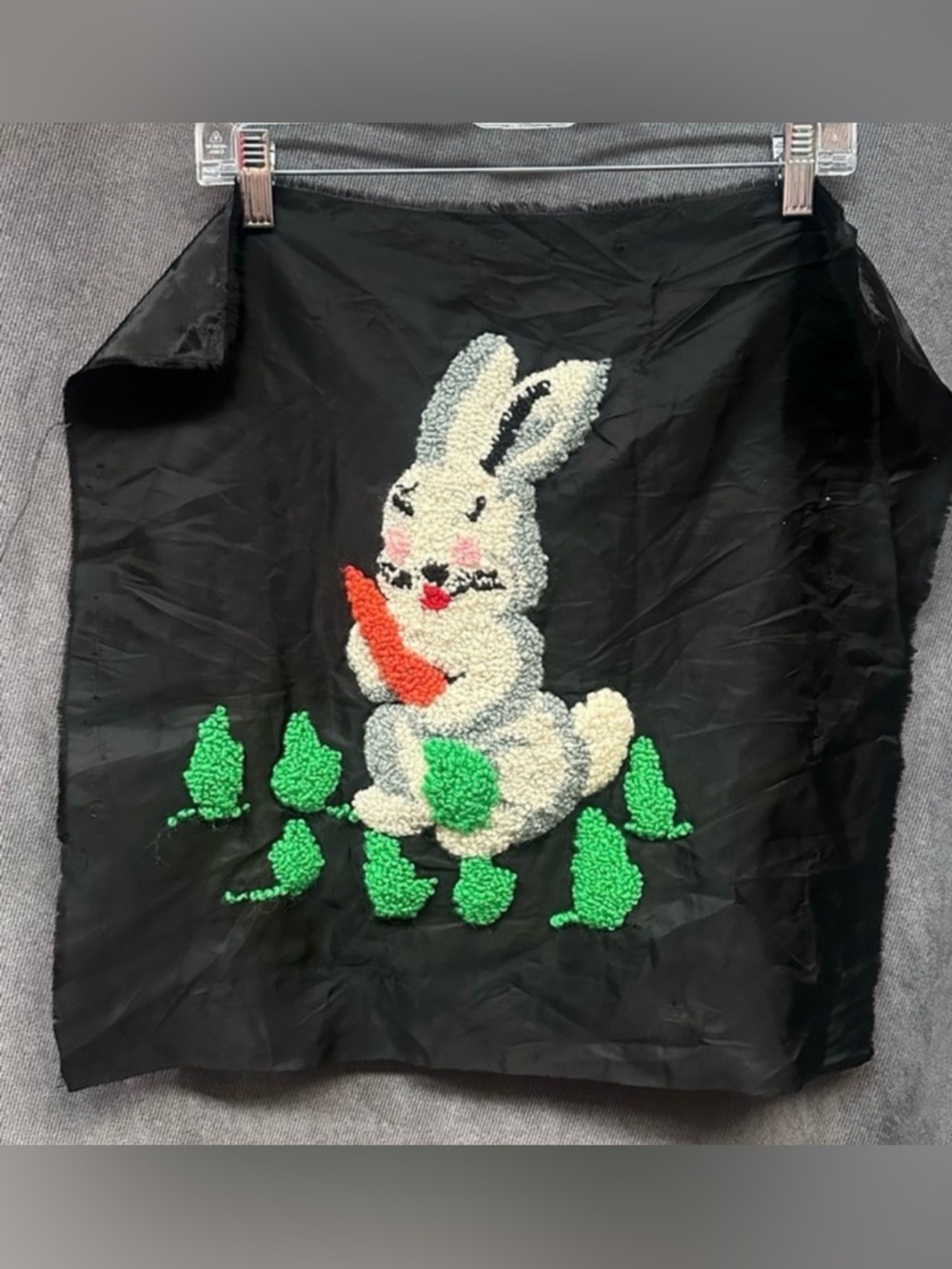 Vintage latch hook bunny pillow cover top on satin